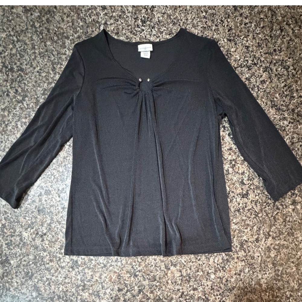 Jaclyn Smith Black O-Ring Pleated V-Neck Long Sleeve Top Size M